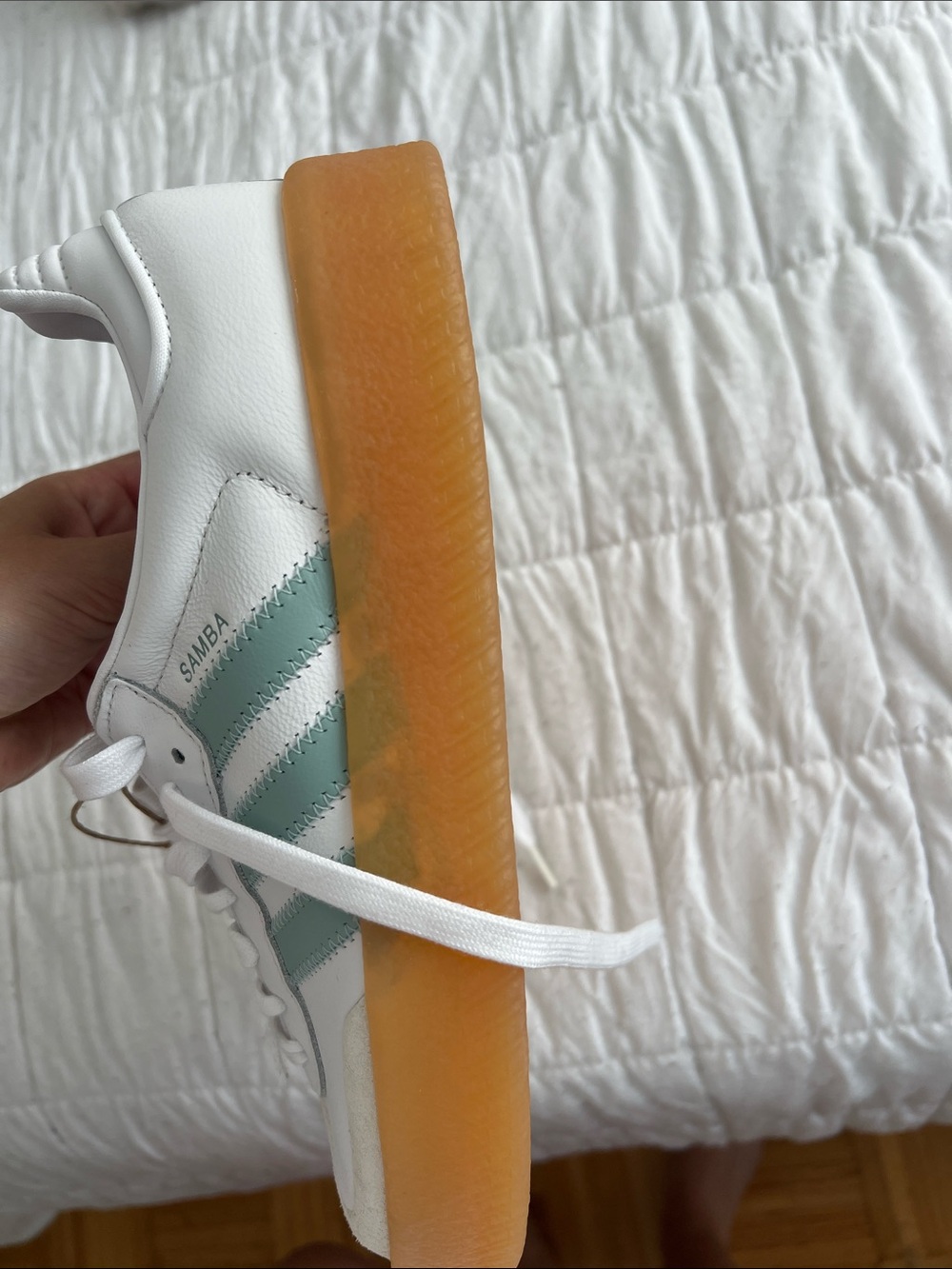 adidas White Sneakers with Mint Green Stripes and Gum Sole - Picture 3 of 6